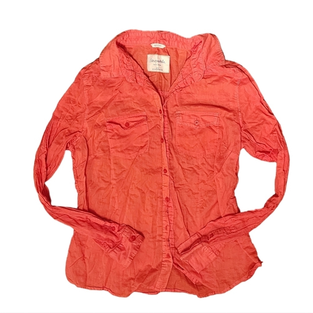 🌺🧡📬 Aeropostale Signature Button-Up · Coral · XL
